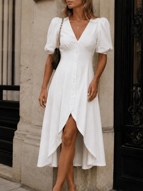 IDENTITY Dresses & Skirts - IVORY HIGH LOW PUFF SLEEVE LINEN MIDI DRESS - NWOT